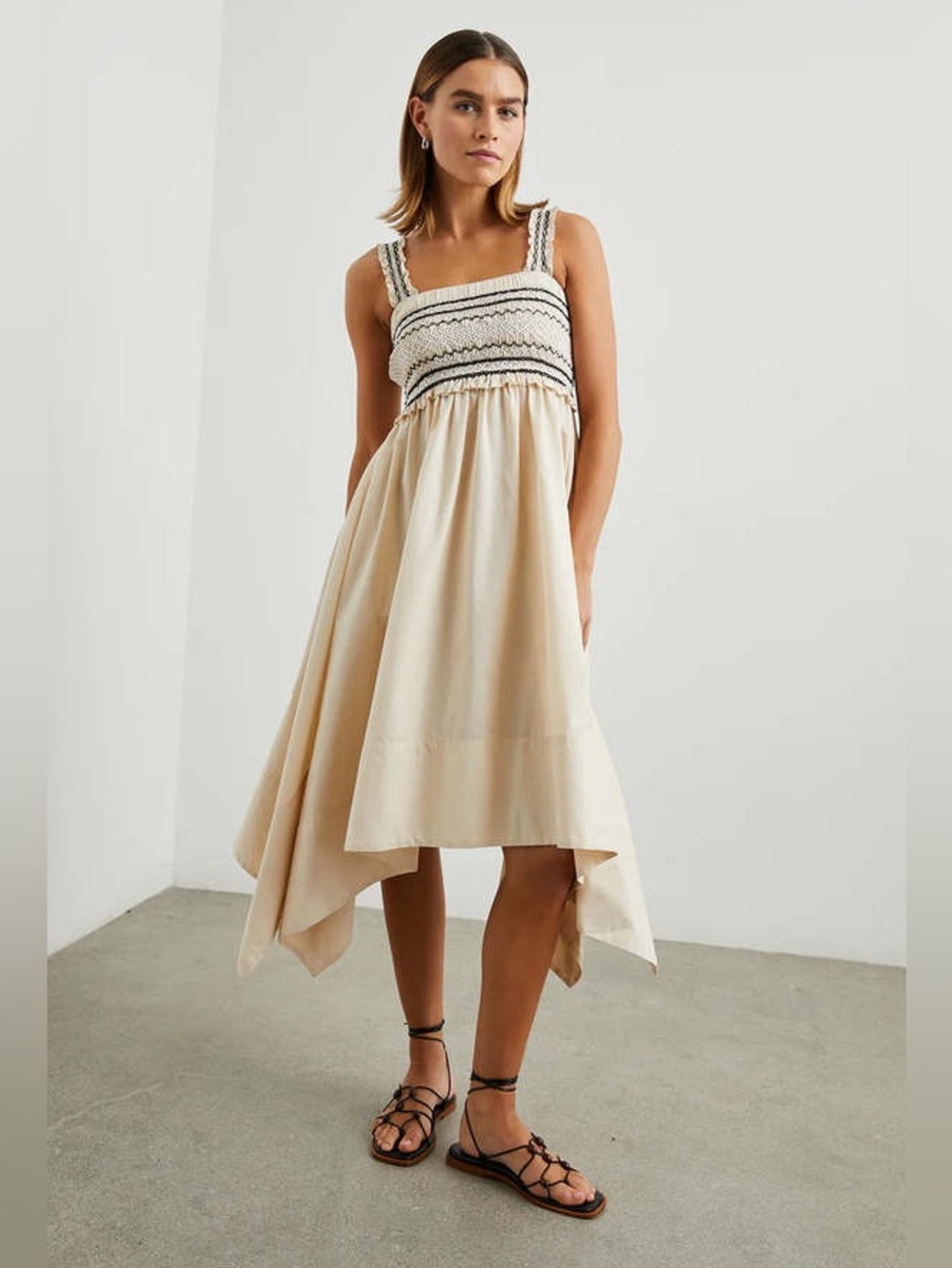 Rails Kirsten Cream Midi Dress with Smocked Black-Trim Bodice ❤️NWT❤️ $268 L